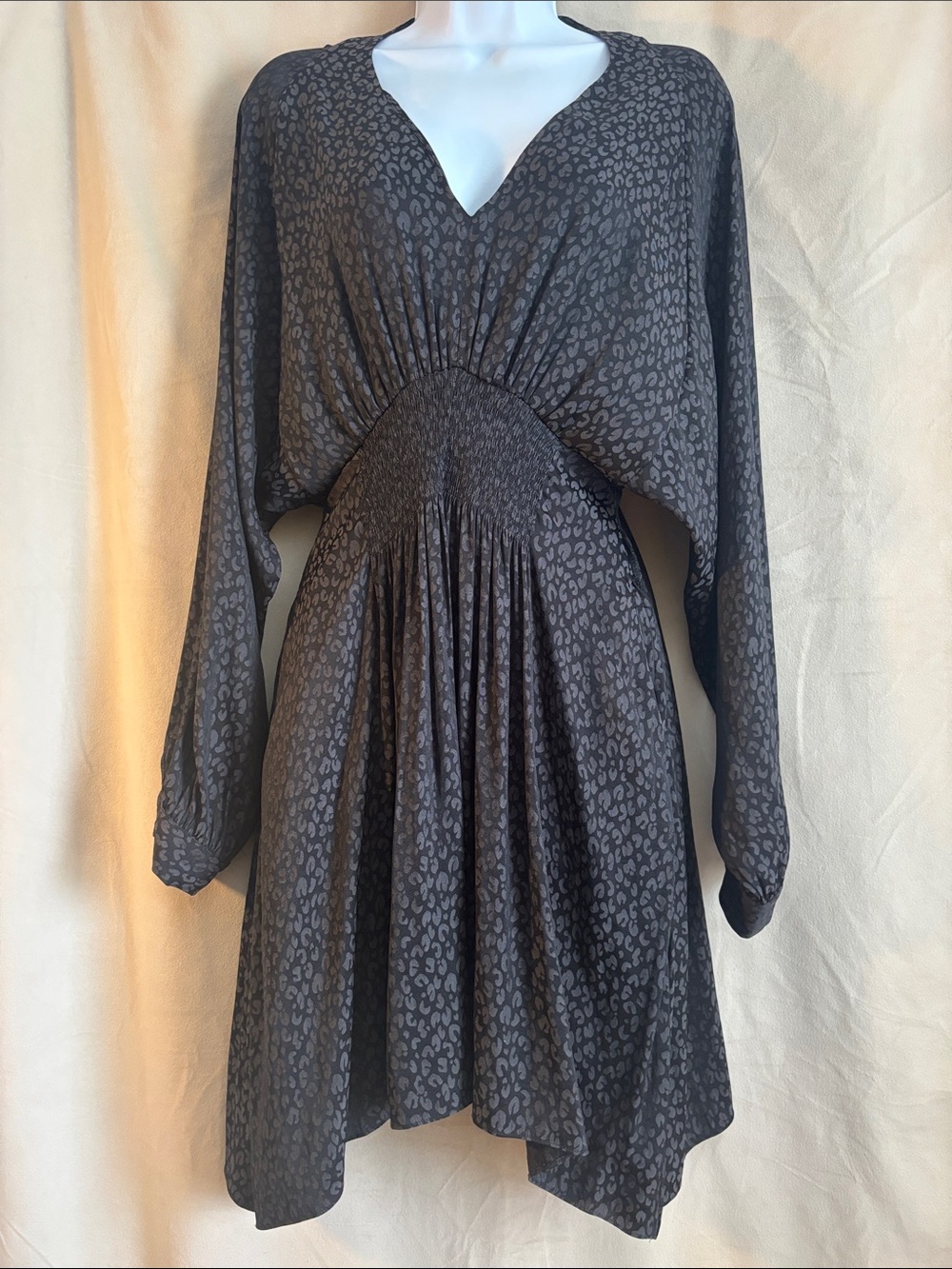 All Saints Nichola Smocked-Waist Long Sleeve V-Neck Dress in Black Animal Print